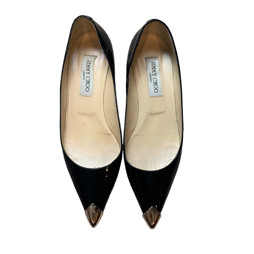 JIMMY CHOO Gold Metallic Tip Kitten Heel Black Patent Leather Heels 38